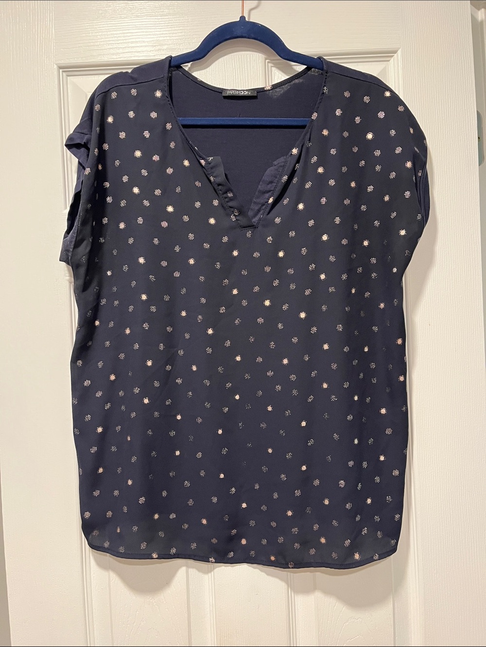 Navy V-Neck Cap Sleeve Blouse with Metallic Dot Accents